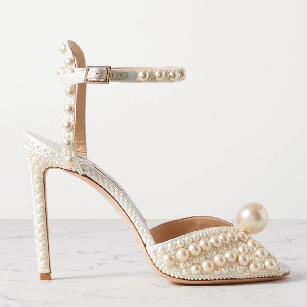 New Jimmy Choo Sacora 100 White Satin Sandals with All Over Pearls 36 - Picture 8 of 17